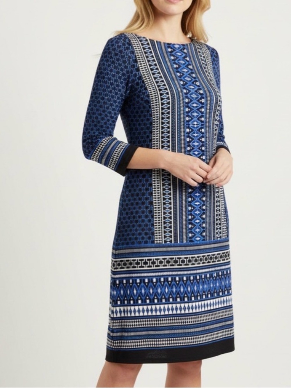 NEW Vince Camuto Shift Dress SIZE 10 Blue White Geo Print Knee Length spandex